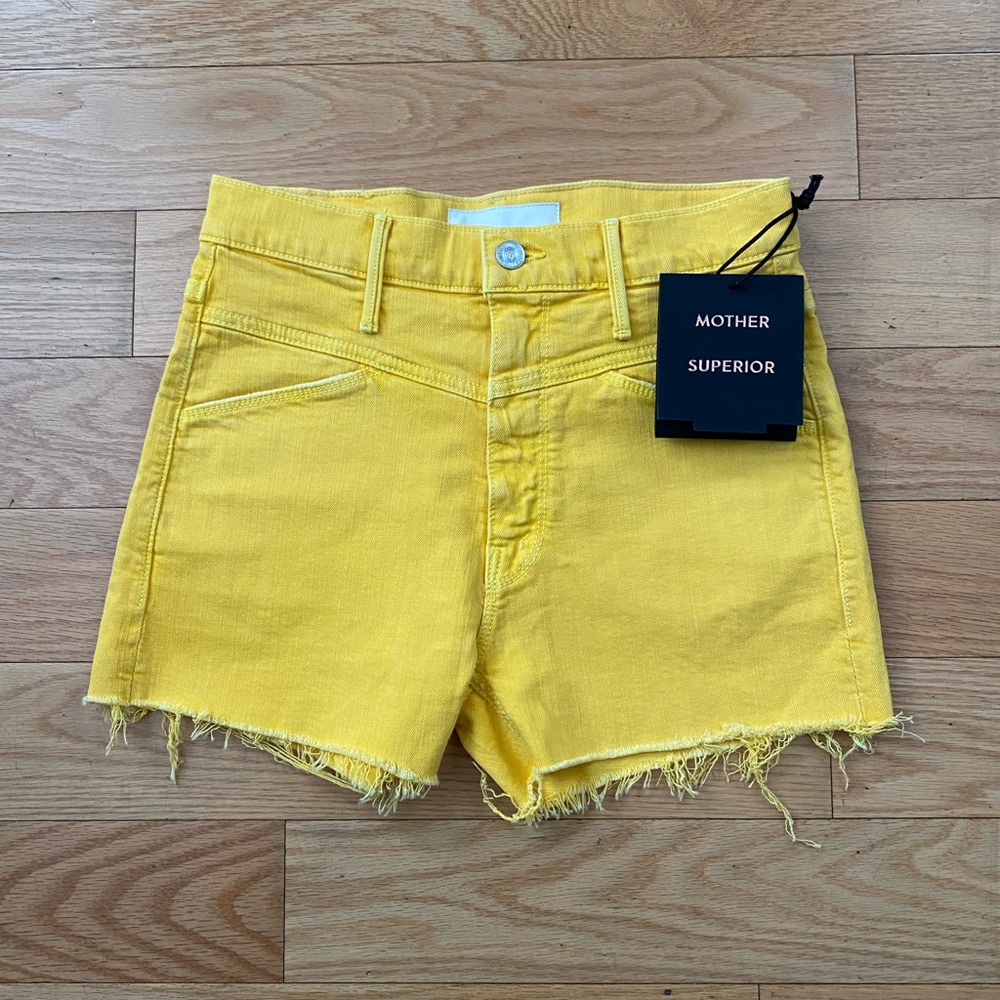 MOTHER Bright Yellow Frayed Hem Denim Shorts